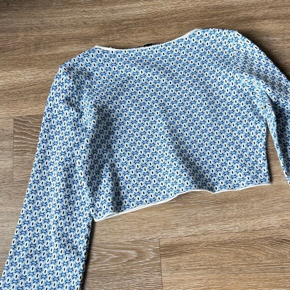 Zara Light Blue Geometric Cropper Button Cardigan Flare Sleeved - Picture 4 of 8